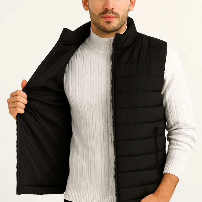 Şişme Fermuarlı Yelek Su itici Kapitone Astarlı Kumaş Cepli Hafif Kışlık Spor Rahat Kalıp - Siyah