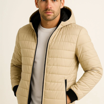 Şişme Kapüşonlu Fermuarlı Mont Su itici Kapitone Astarlı Kumaş Cepli Kışlık Rahat Kalıp - Bej