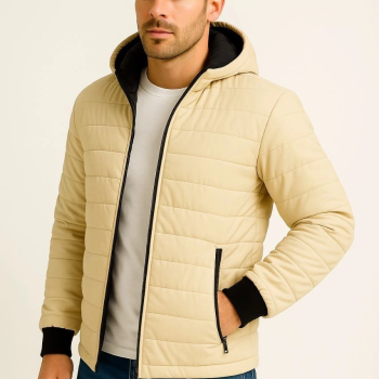 Şişme Kapüşonlu Fermuarlı Mont Su itici Kapitone Astarlı Kumaş Cepli Kışlık Rahat Kalıp - Bej