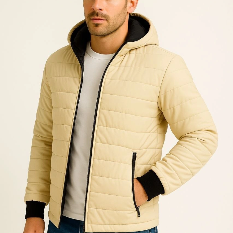 Şişme Kapüşonlu Fermuarlı Mont Su itici Kapitone Astarlı Kumaş Cepli Kışlık Rahat Kalıp - Bej