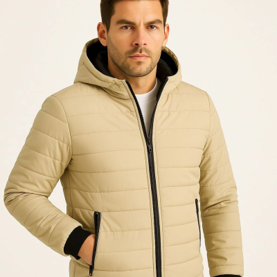 Şişme Kapüşonlu Fermuarlı Mont Su itici Kapitone Astarlı Kumaş Cepli Kışlık Rahat Kalıp - Bej