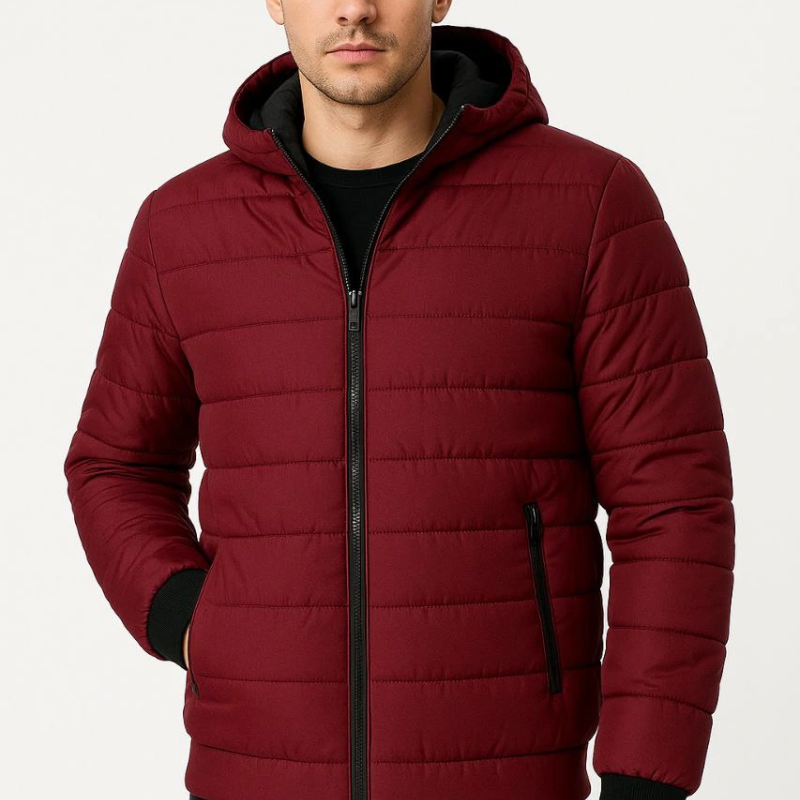 Şişme Kapüşonlu Fermuarlı Mont Su itici Kapitone Astarlı Kumaş Cepli Kışlık Rahat Kalıp - Bordo