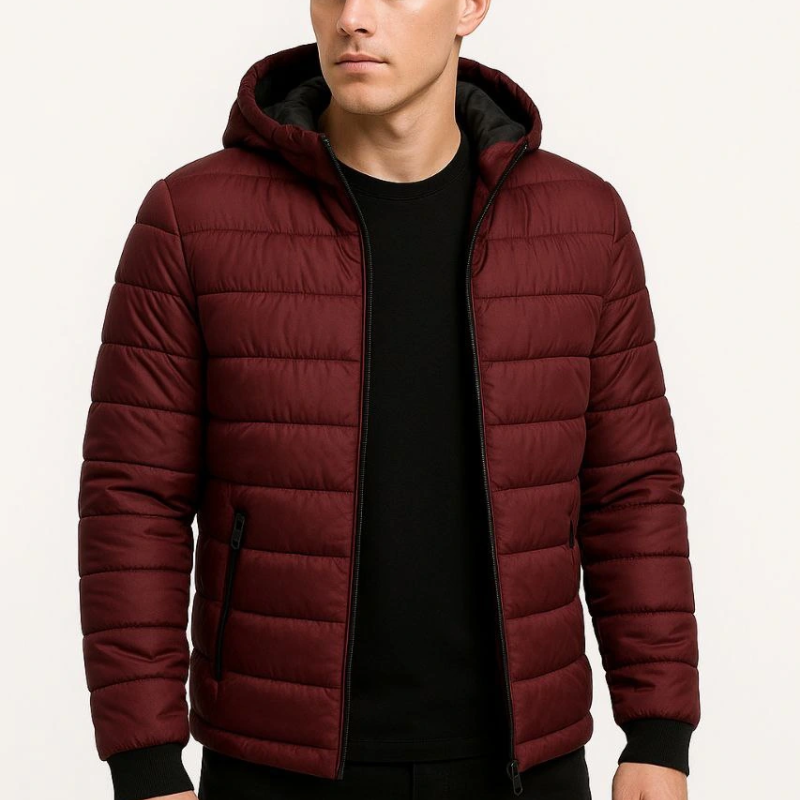 Şişme Kapüşonlu Fermuarlı Mont Su itici Kapitone Astarlı Kumaş Cepli Kışlık Rahat Kalıp - Bordo