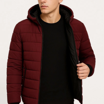 Şişme Kapüşonlu Fermuarlı Mont Su itici Kapitone Astarlı Kumaş Cepli Kışlık Rahat Kalıp - Bordo