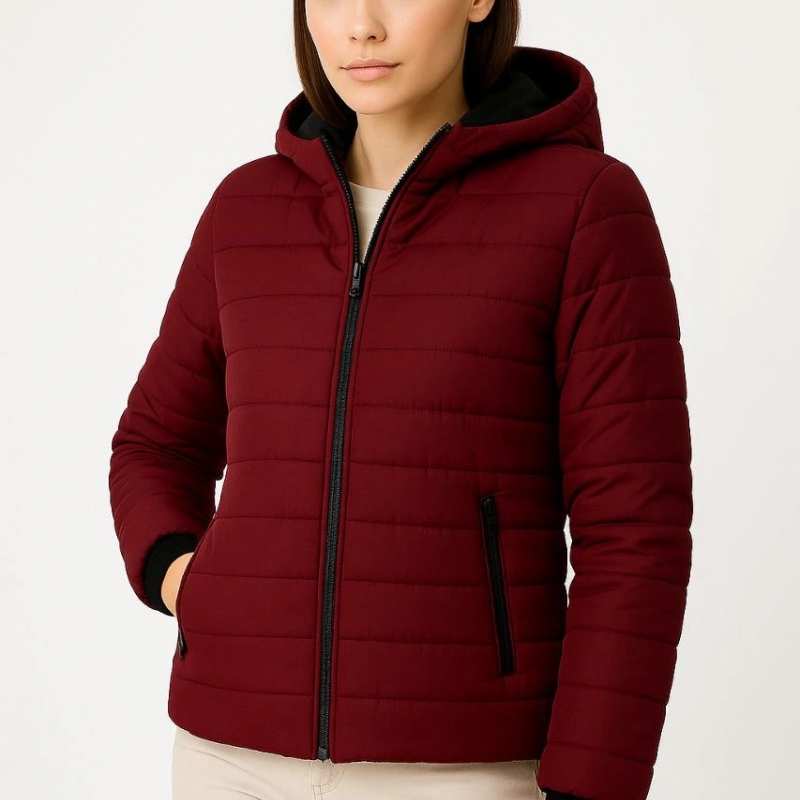 Şişme Kapüşonlu Fermuarlı Mont Su itici Kapitone Astarlı Kumaş Cepli Kışlık Rahat Kalıp - Bordo