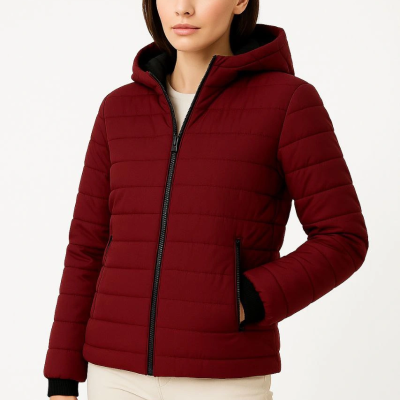 Şişme Kapüşonlu Fermuarlı Mont Su itici Kapitone Astarlı Kumaş Cepli Kışlık Rahat Kalıp - Bordo