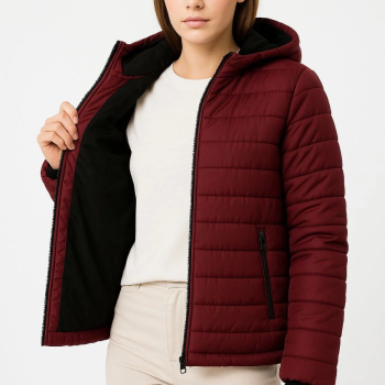 Şişme Kapüşonlu Fermuarlı Mont Su itici Kapitone Astarlı Kumaş Cepli Kışlık Rahat Kalıp - Bordo