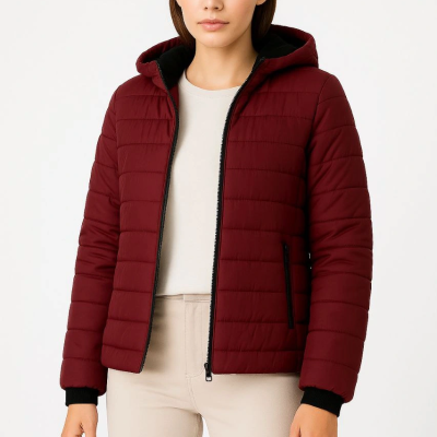 Şişme Kapüşonlu Fermuarlı Mont Su itici Kapitone Astarlı Kumaş Cepli Kışlık Rahat Kalıp - Bordo