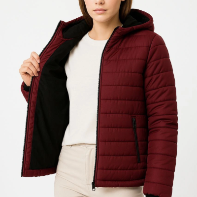 Şişme Kapüşonlu Fermuarlı Mont Su itici Kapitone Astarlı Kumaş Cepli Kışlık Rahat Kalıp - Bordo