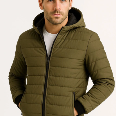 Şişme Kapüşonlu Fermuarlı Mont Su itici Kapitone Astarlı Kumaş Cepli Kışlık Rahat Kalıp - Haki