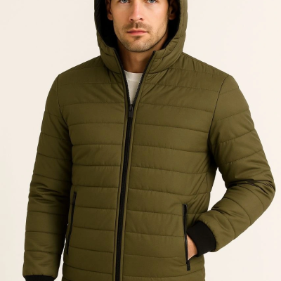 Şişme Kapüşonlu Fermuarlı Mont Su itici Kapitone Astarlı Kumaş Cepli Kışlık Rahat Kalıp - Haki