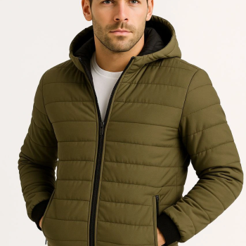 Şişme Kapüşonlu Fermuarlı Mont Su itici Kapitone Astarlı Kumaş Cepli Kışlık Rahat Kalıp - Haki