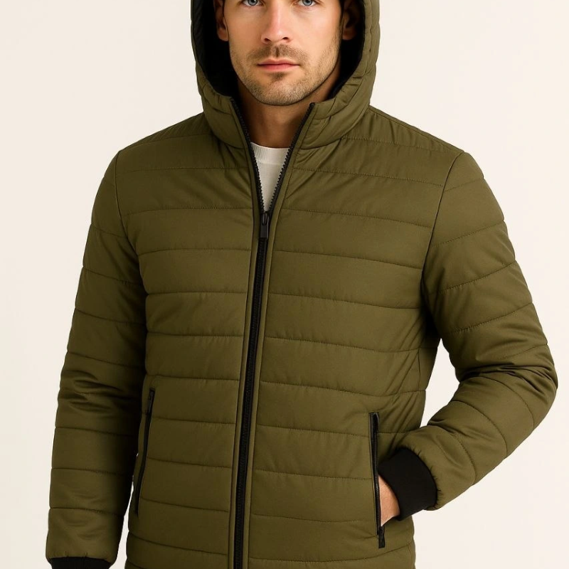 Şişme Kapüşonlu Fermuarlı Mont Su itici Kapitone Astarlı Kumaş Cepli Kışlık Rahat Kalıp - Haki