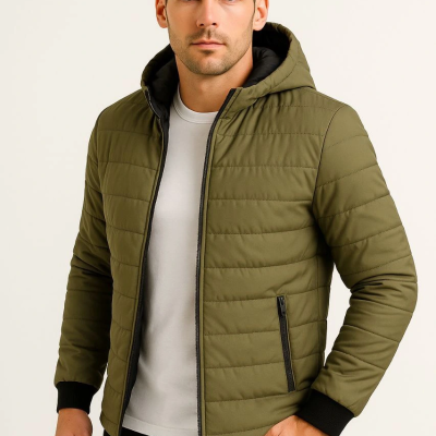 Şişme Kapüşonlu Fermuarlı Mont Su itici Kapitone Astarlı Kumaş Cepli Kışlık Rahat Kalıp - Haki