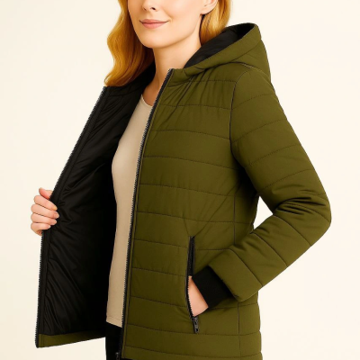 Şişme Kapüşonlu Fermuarlı Mont Su itici Kapitone Astarlı Kumaş Cepli Kışlık Rahat Kalıp - Haki