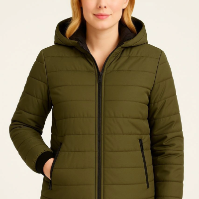 Şişme Kapüşonlu Fermuarlı Mont Su itici Kapitone Astarlı Kumaş Cepli Kışlık Rahat Kalıp - Haki