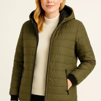 Şişme Kapüşonlu Fermuarlı Mont Su itici Kapitone Astarlı Kumaş Cepli Kışlık Rahat Kalıp - Haki