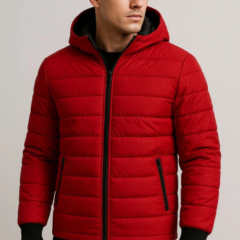 Şişme Kapüşonlu Fermuarlı Mont Su itici Kapitone Astarlı Kumaş Cepli Kışlık Rahat Kalıp - Kırmızı