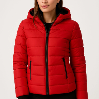 Şişme Kapüşonlu Fermuarlı Mont Su itici Kapitone Astarlı Kumaş Cepli Kışlık Rahat Kalıp - Kırmızı