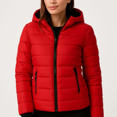 Şişme Kapüşonlu Fermuarlı Mont Su itici Kapitone Astarlı Kumaş Cepli Kışlık Rahat Kalıp - Kırmızı