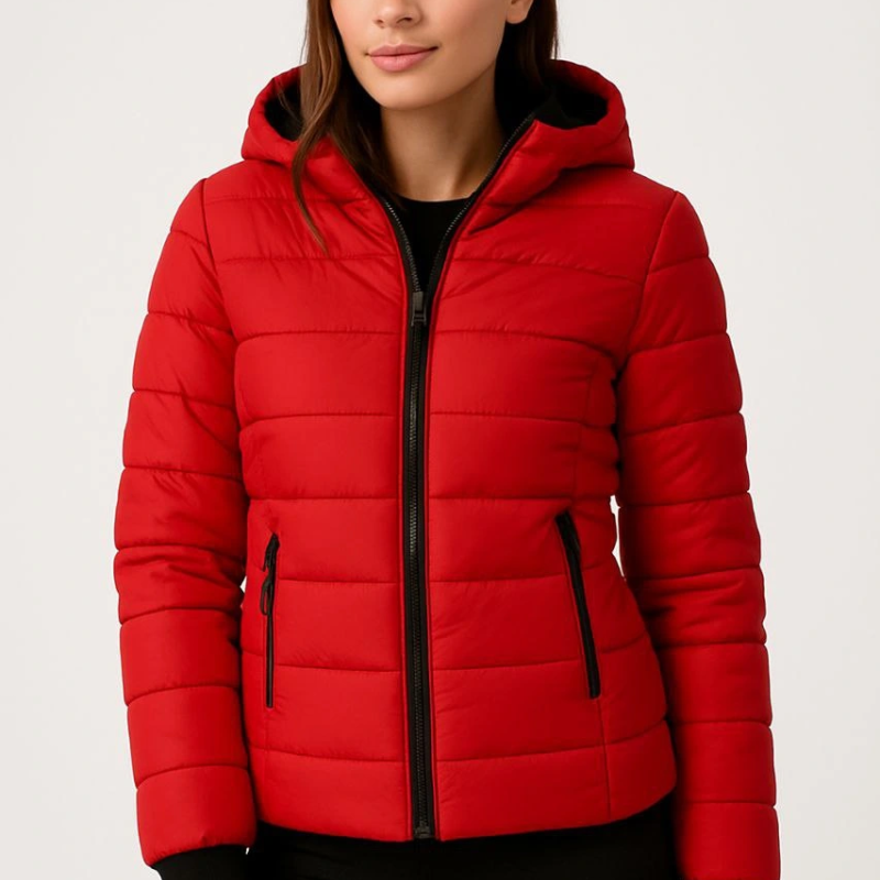 Şişme Kapüşonlu Fermuarlı Mont Su itici Kapitone Astarlı Kumaş Cepli Kışlık Rahat Kalıp - Kırmızı