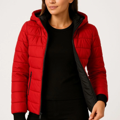 Şişme Kapüşonlu Fermuarlı Mont Su itici Kapitone Astarlı Kumaş Cepli Kışlık Rahat Kalıp - Kırmızı