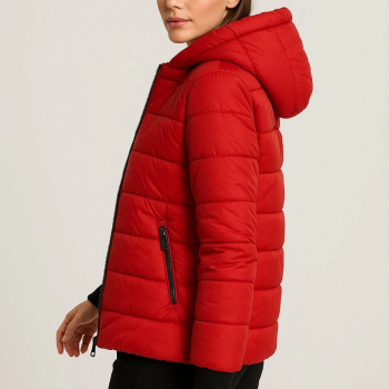 Şişme Kapüşonlu Fermuarlı Mont Su itici Kapitone Astarlı Kumaş Cepli Kışlık Rahat Kalıp - Kırmızı