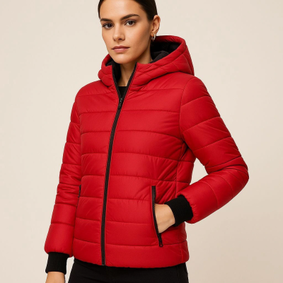 Şişme Kapüşonlu Fermuarlı Mont Su itici Kapitone Astarlı Kumaş Cepli Kışlık Rahat Kalıp - Kırmızı