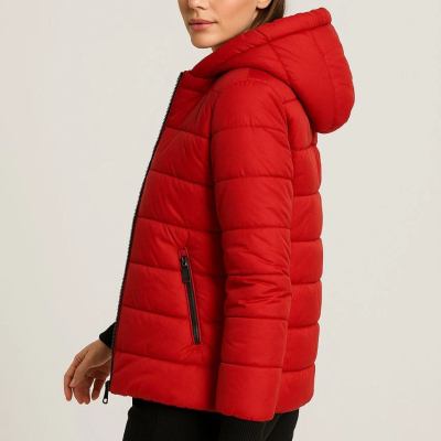 Şişme Kapüşonlu Fermuarlı Mont Su itici Kapitone Astarlı Kumaş Cepli Kışlık Rahat Kalıp - Kırmızı