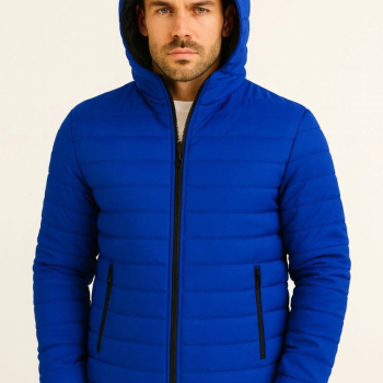 Şişme Kapüşonlu Fermuarlı Mont Su itici Kapitone Astarlı Kumaş Cepli Kışlık Rahat Kalıp - Saks Mavisi