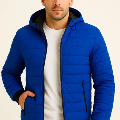 Şişme Kapüşonlu Fermuarlı Mont Su itici Kapitone Astarlı Kumaş Cepli Kışlık Rahat Kalıp - Saks Mavisi