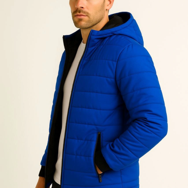 Şişme Kapüşonlu Fermuarlı Mont Su itici Kapitone Astarlı Kumaş Cepli Kışlık Rahat Kalıp - Saks Mavisi