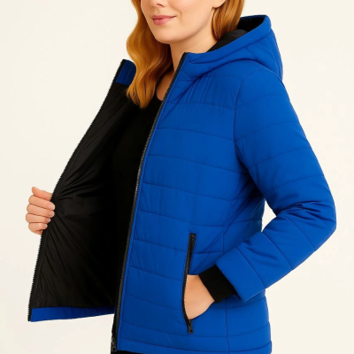 Şişme Kapüşonlu Fermuarlı Mont Su itici Kapitone Astarlı Kumaş Cepli Kışlık Rahat Kalıp  - Saks Mavisi