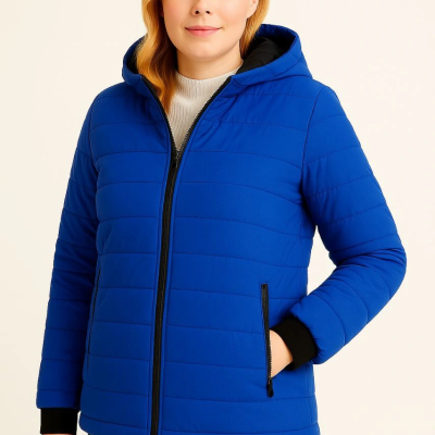 Şişme Kapüşonlu Fermuarlı Mont Su itici Kapitone Astarlı Kumaş Cepli Kışlık Rahat Kalıp  - Saks Mavisi