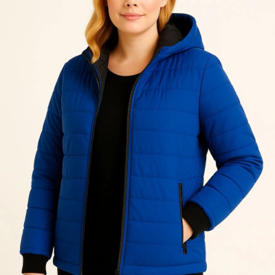 Şişme Kapüşonlu Fermuarlı Mont Su itici Kapitone Astarlı Kumaş Cepli Kışlık Rahat Kalıp  - Saks Mavisi