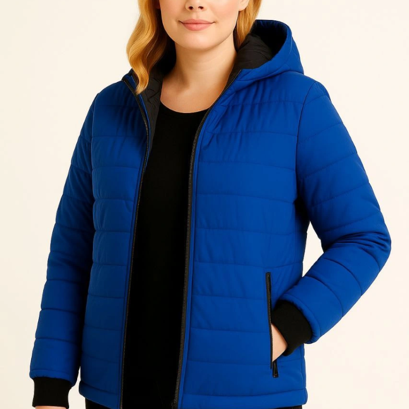 Şişme Kapüşonlu Fermuarlı Mont Su itici Kapitone Astarlı Kumaş Cepli Kışlık Rahat Kalıp  - Saks Mavisi