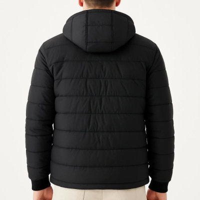 Şişme Kapüşonlu Fermuarlı Mont Su itici Kapitone Astarlı Kumaş Cepli Kışlık Rahat Kalıp - Siyah