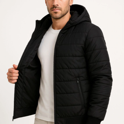 Şişme Kapüşonlu Fermuarlı Mont Su itici Kapitone Astarlı Kumaş Cepli Kışlık Rahat Kalıp - Siyah