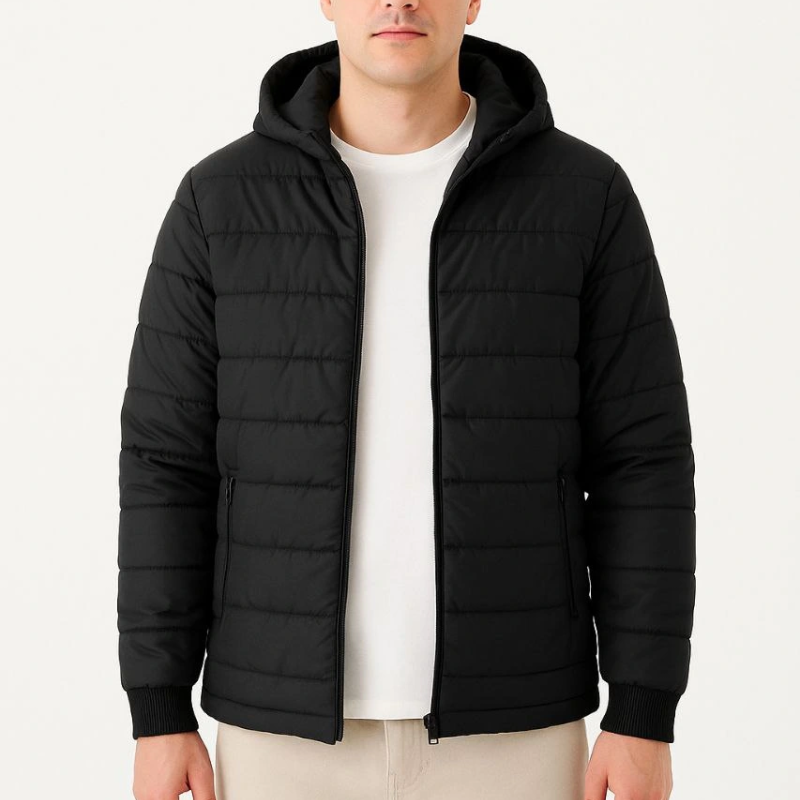 Şişme Kapüşonlu Fermuarlı Mont Su itici Kapitone Astarlı Kumaş Cepli Kışlık Rahat Kalıp - Siyah