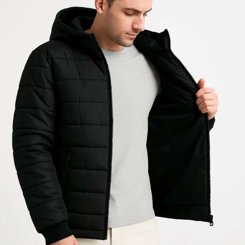 Şişme Kapüşonlu Fermuarlı Mont Su itici Kapitone Astarlı Kumaş Cepli Kışlık Rahat Kalıp - Siyah