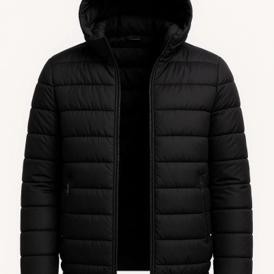 Şişme Kapüşonlu Fermuarlı Mont Su itici Kapitone Astarlı Kumaş Cepli Kışlık Rahat Kalıp - Siyah