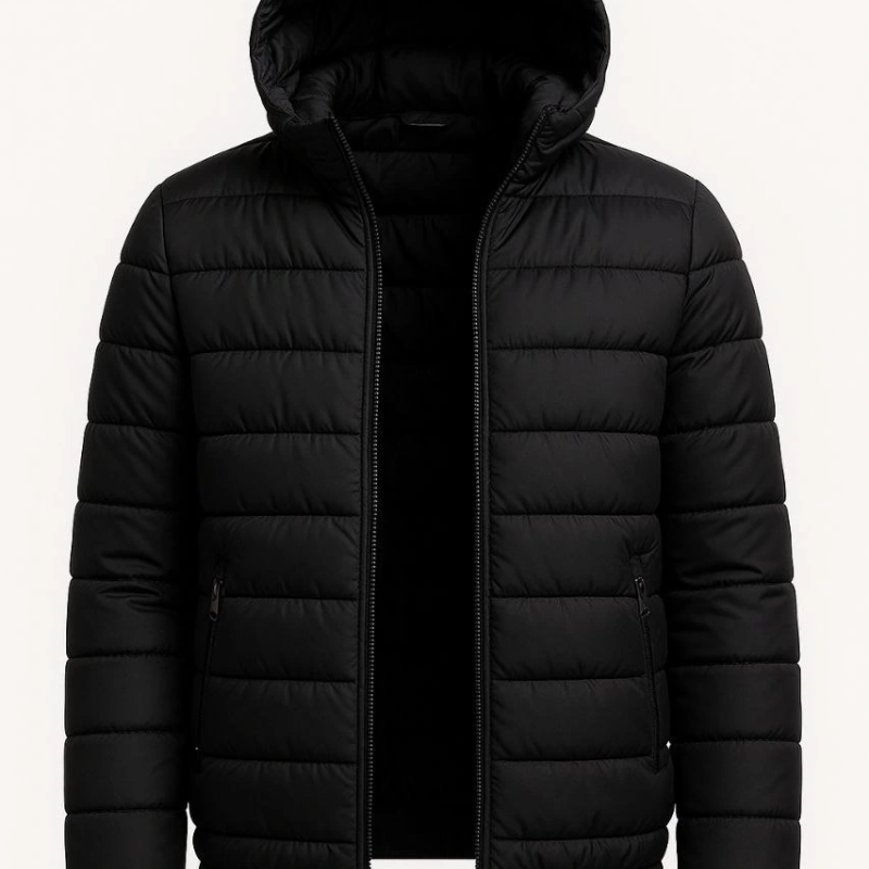 Şişme Kapüşonlu Fermuarlı Mont Su itici Kapitone Astarlı Kumaş Cepli Kışlık Rahat Kalıp - Siyah