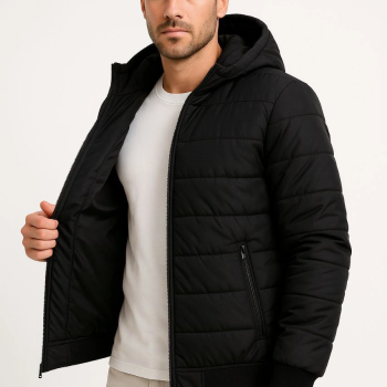 Şişme Kapüşonlu Fermuarlı Mont Su itici Kapitone Astarlı Kumaş Cepli Kışlık Rahat Kalıp - Siyah