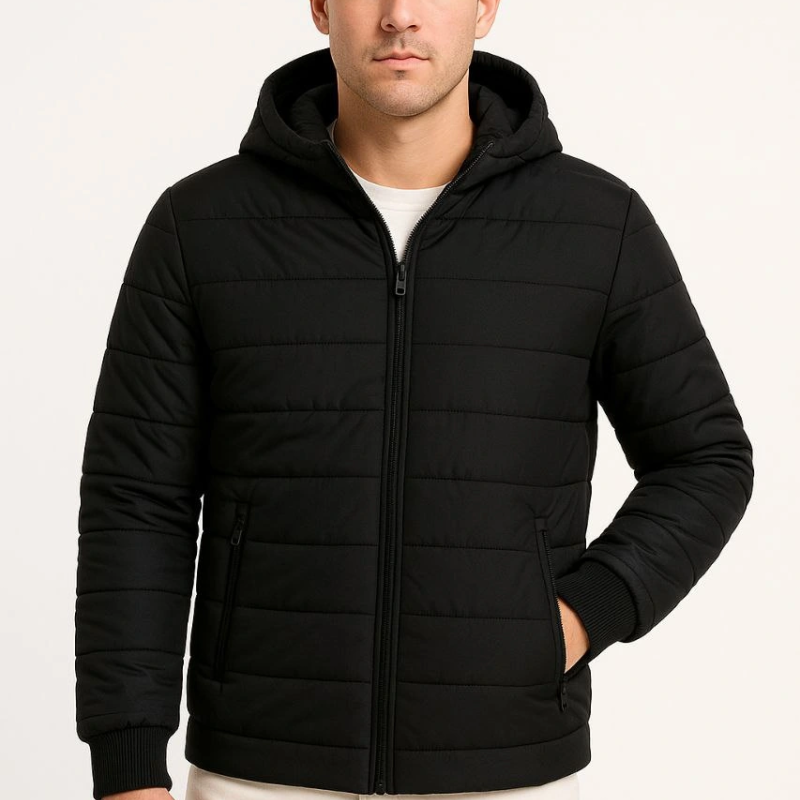 Şişme Kapüşonlu Fermuarlı Mont Su itici Kapitone Astarlı Kumaş Cepli Kışlık Rahat Kalıp - Siyah