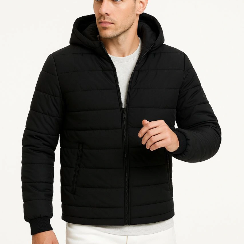 Şişme Kapüşonlu Fermuarlı Mont Su itici Kapitone Astarlı Kumaş Cepli Kışlık Rahat Kalıp - Siyah