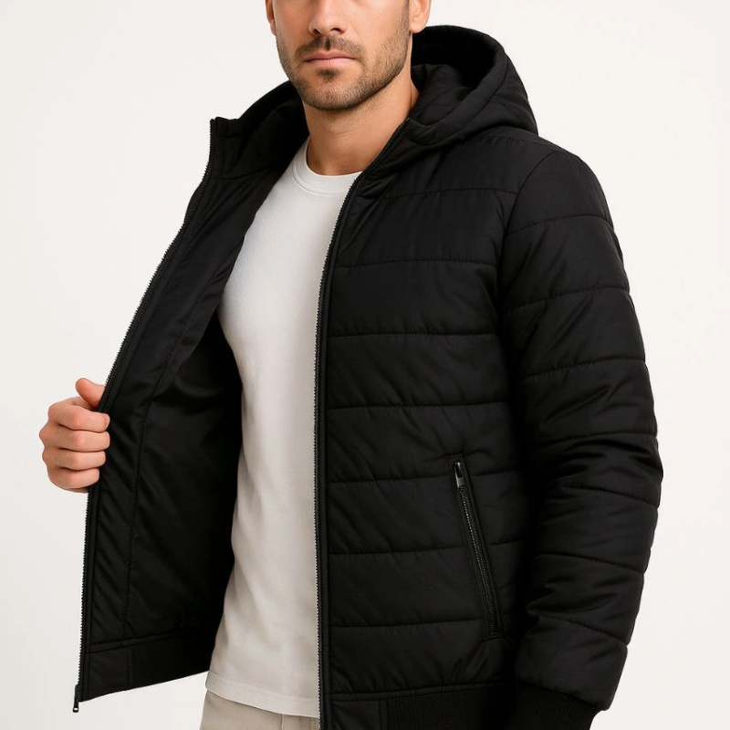 Şişme Kapüşonlu Fermuarlı Mont Su itici Kapitone Astarlı Kumaş Cepli Kışlık Rahat Kalıp - Siyah