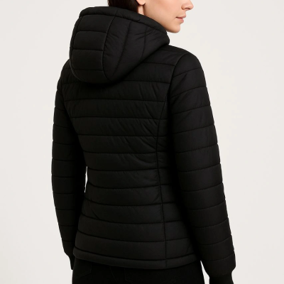 Şişme Kapüşonlu Fermuarlı Mont Su itici Kapitone Astarlı Kumaş Cepli Kışlık Rahat Kalıp - Siyah