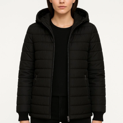 Şişme Kapüşonlu Fermuarlı Mont Su itici Kapitone Astarlı Kumaş Cepli Kışlık Rahat Kalıp - Siyah