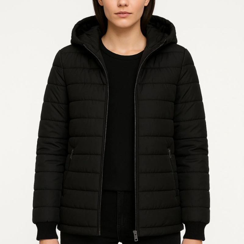 Şişme Kapüşonlu Fermuarlı Mont Su itici Kapitone Astarlı Kumaş Cepli Kışlık Rahat Kalıp - Siyah