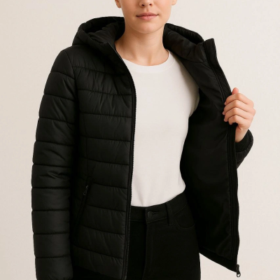 Şişme Kapüşonlu Fermuarlı Mont Su itici Kapitone Astarlı Kumaş Cepli Kışlık Rahat Kalıp - Siyah